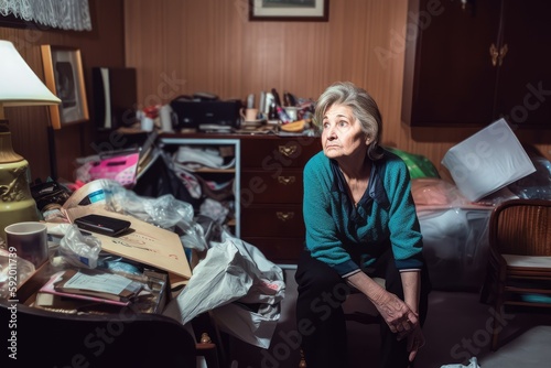 Senior woman in chaos, reflecting. Photo generative AI