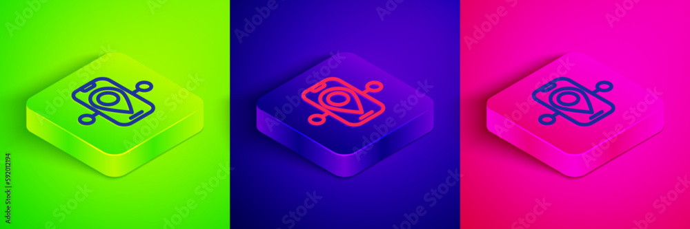 Fototapeta premium Isometric line Route location icon isolated on green, blue and pink background. Train line path of train road route with start point GPS and dash line. Square button. Vector