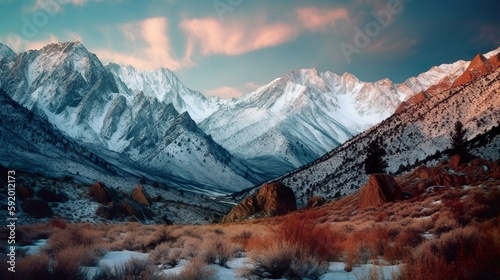 Bild von schneebedeckten Bergen, majestätisch, ruhig, atemberaubend, farbenfroh, ursprünglich
