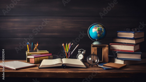 Desktop with various supplies for school education. Generated AI
