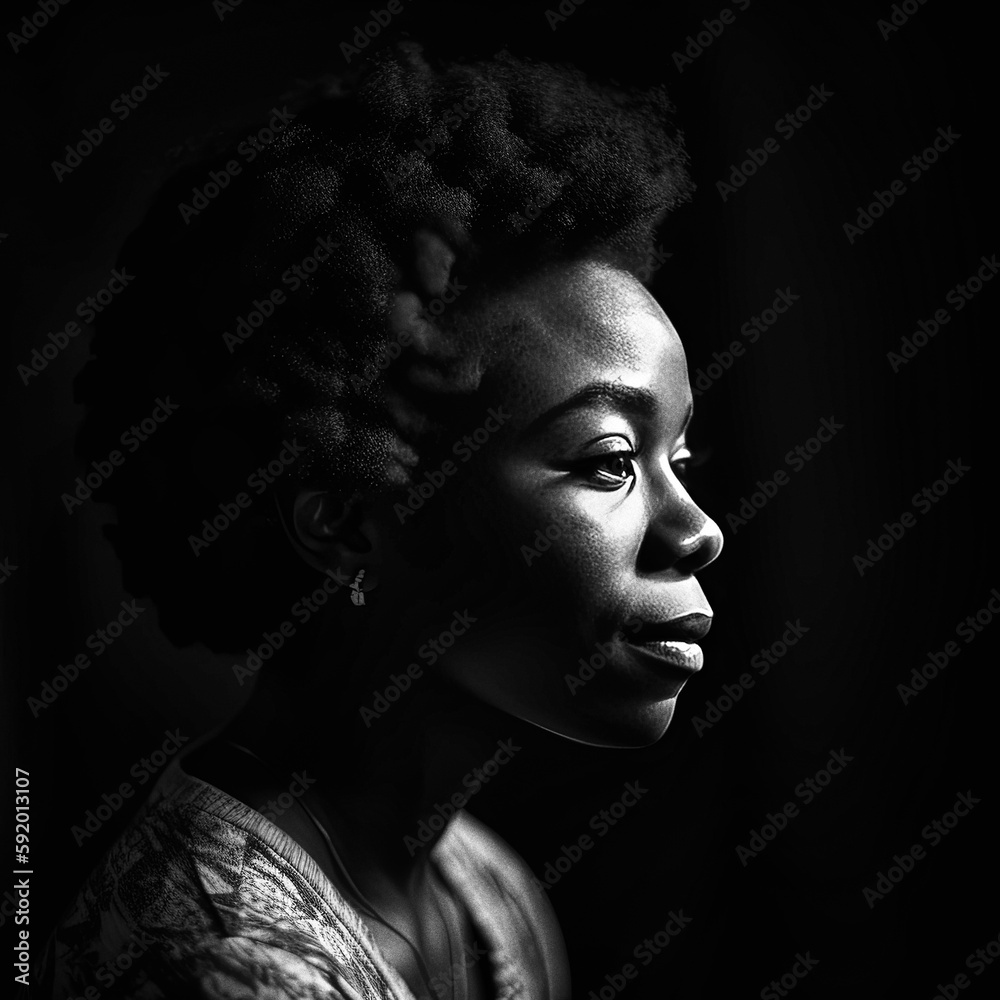 Elegant Monochrome Portrait of a Beautiful Young African American Woman - generative ai