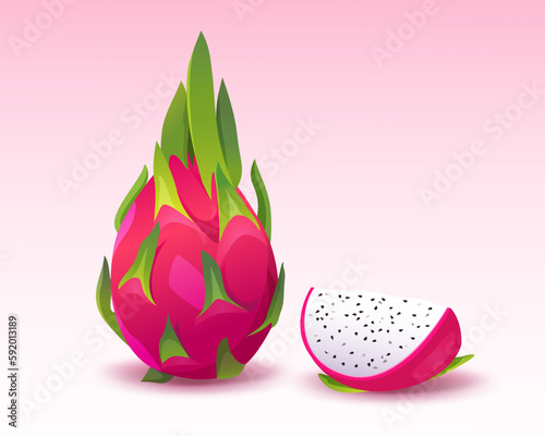 Fresh whole and cut a slice of dragon fruits (pitaya) isolated on white background