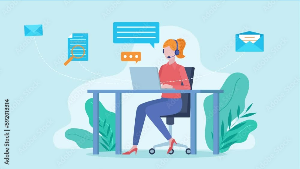 Flat design animation of a reading businesswoman wearing a headset, working on a laptop. Email, document and gears appear around the figure.