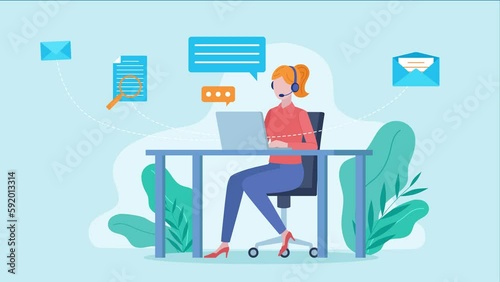 Flat design animation of a reading businesswoman wearing a headset, working on a laptop. Email, document and gears appear around the figure.
