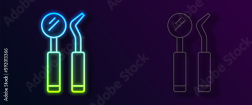 Glowing neon line Dental inspection mirror and probe icon isolated on black background. Explorer scaler. Tool dental checkup. Vector