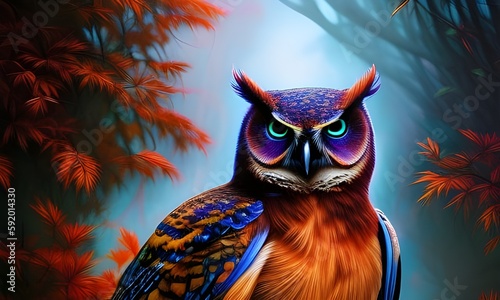 Colorful owl with blue eyes looking disdainfully. Generative AI