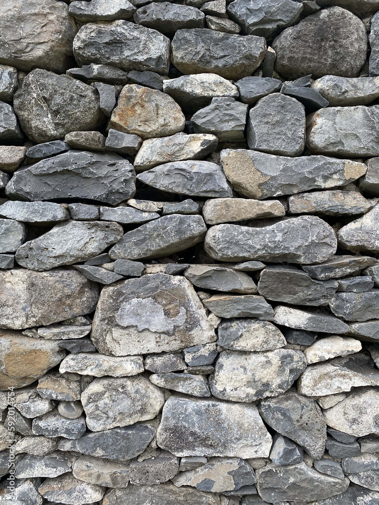 The wall is made of large and small gray stones, side view, texture