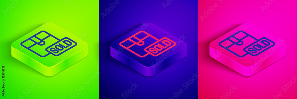 Isometric line Sold icon isolated on green, blue and pink background. Square button. Vector Isometric line Sold icon isolated on green, blue and pink background. Square button. Vector