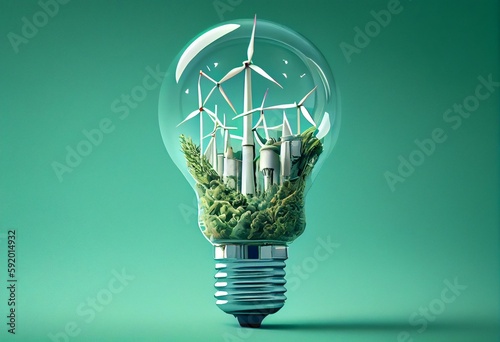 wind energy light bulb wind farm energy saving concept on a light green background vertical Ai. Generative AI