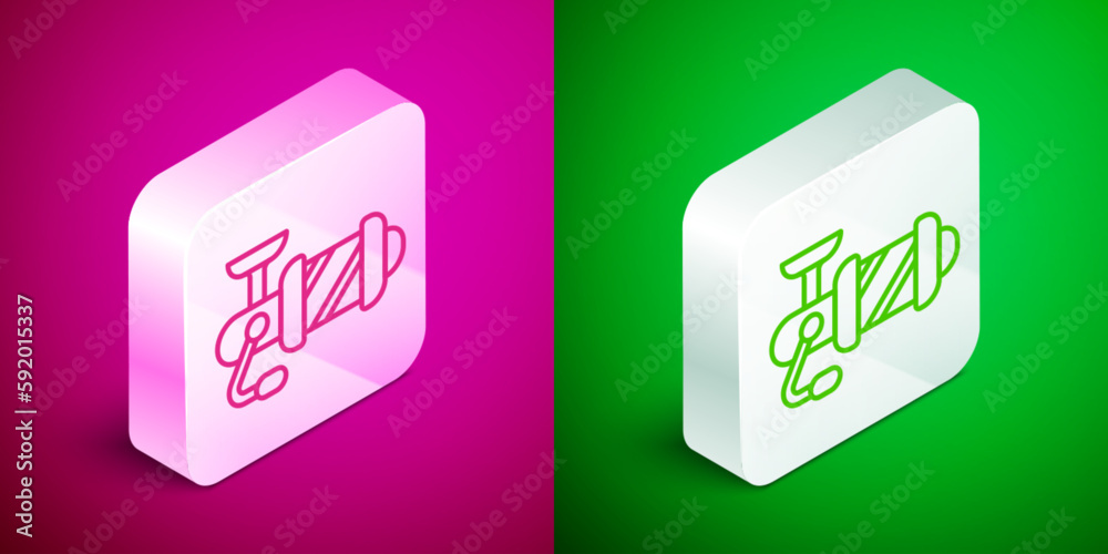 Isometric line Spinning reel for fishing icon isolated on pink and green background. Fishing coil. Fishing tackle. Silver square button. Vector