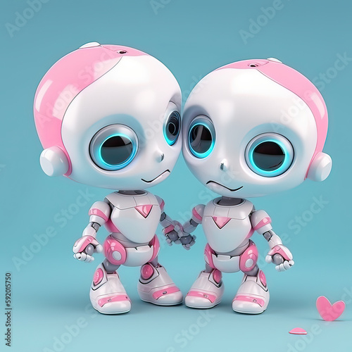 Two retro robots in love white and pink on blue background. Generative AI