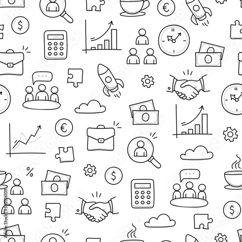 Business job icon doodle seamless pattern background. Business teamwork, office, career concept doodle line sketch style pattern with money, rocket, calculator element. Vector illustration