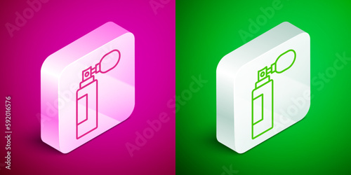 Isometric line Perfume icon isolated on pink and green background. Silver square button. Vector