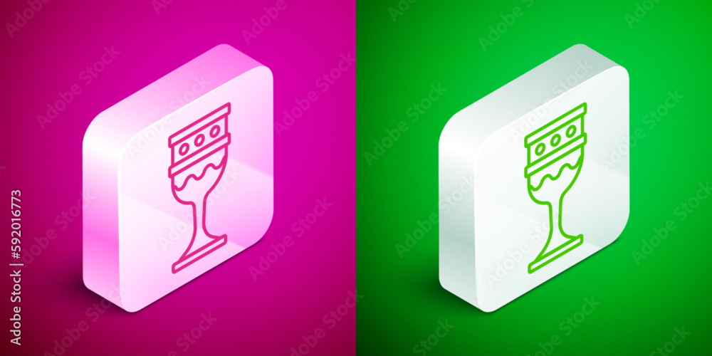 Isometric line Medieval goblet icon isolated on pink and green background. Holy grail. Silver square button. Vector Isometric line Medieval goblet icon isolated on pink and green background. Holy grail. Silver square button. Vector