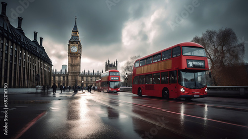 Big Ben Clock Tower and London Bus, Generative Ai