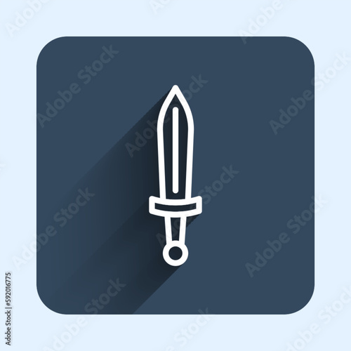 White line Medieval sword icon isolated with long shadow background. Medieval weapon. Blue square button. Vector