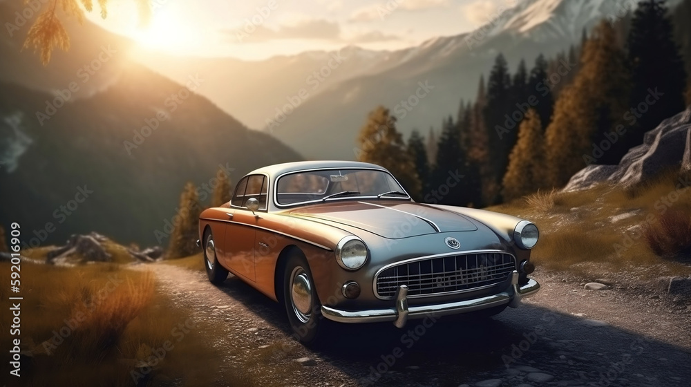 Classic car parked in the mountains in the morning. 3d render and illustration, Generative Ai