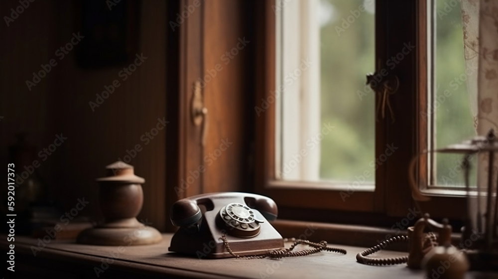 old brown wooden phone near the window, Generative Ai old brown wooden phone near the window, Generative Ai
