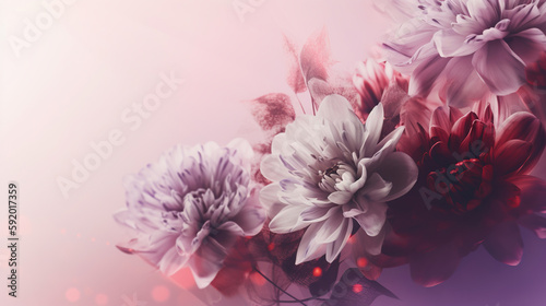 Abstract floral backdrop of purple flowers over pastel colors with soft style for spring or summer time. Banner background with copy space. generative ai © rorozoa