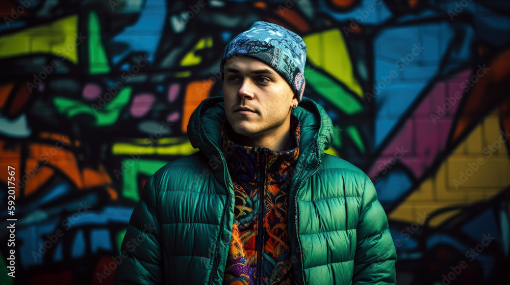 man wearing a neon green beanie and a patterned, multicolored bomber jacke, Generative AI man wearing a neon green beanie and a patterned, multicolored bomber jacke, Generative AI