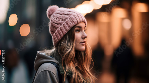 fashion-forward woman wearing a cozy knit beanie, Generative AI © AstralAngel
