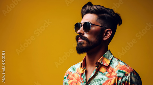 man wearing a boldly patterned, short-sleeved button-up shirt featuring a mix of tropical prints and vivid colors, Generative AI
