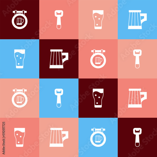 Set pop art Street signboard with beer, Bottle opener, Glass of and Wooden mug icon. Vector