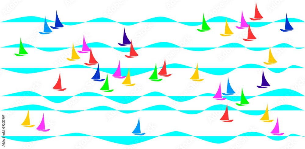 On a white background Multicolored yachts on the water