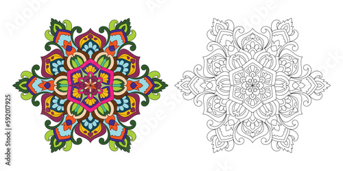 Decorative rounded mandala coloring book page illustration 