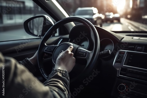  a person driving a car on a city street at night with the sun shining through the windshield of the car and the driver's hand on the steering wheel.  generative ai © Nadia