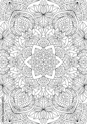 Decorative ornamental hand drawn detailed mandala design coloring page illustration