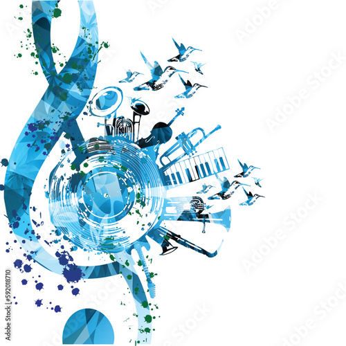 Musical poster with G-clef, LP vinyl record disc and musical instruments vector illustration. Playful background in blue color for live concert events, music festivals and shows, party flyer