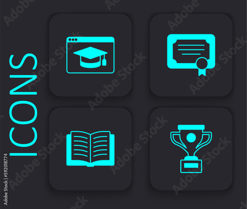 Set Award cup, Online education, Certificate template and Open book icon. Black square button. Vector