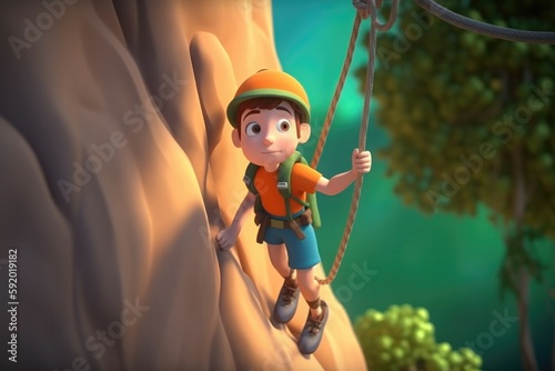 3D cartoon cute climber kid is climbing in the mountain. Generative AI