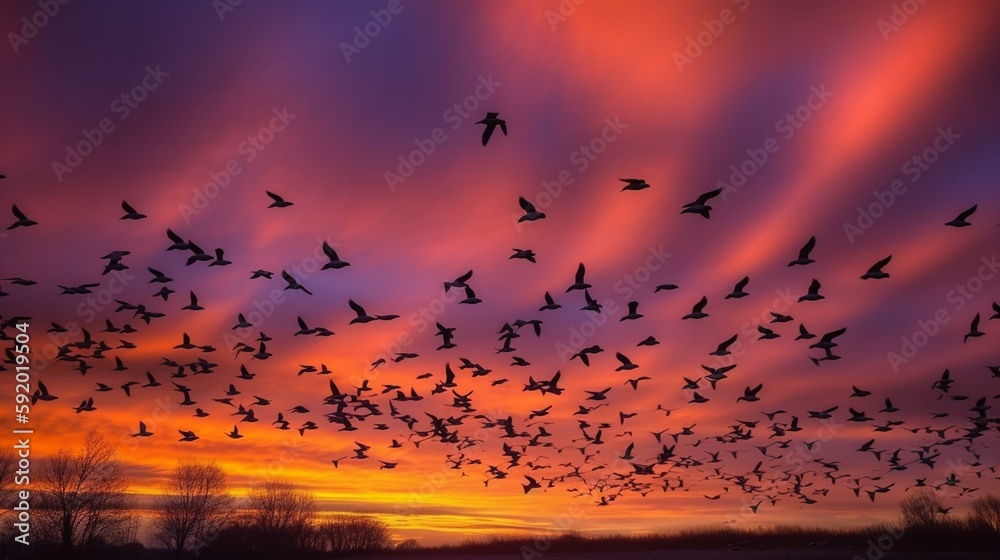A flock of geese soaring across a vibrant sunset sky Generative AI A flock of geese soaring across a vibrant sunset sky Generative AI