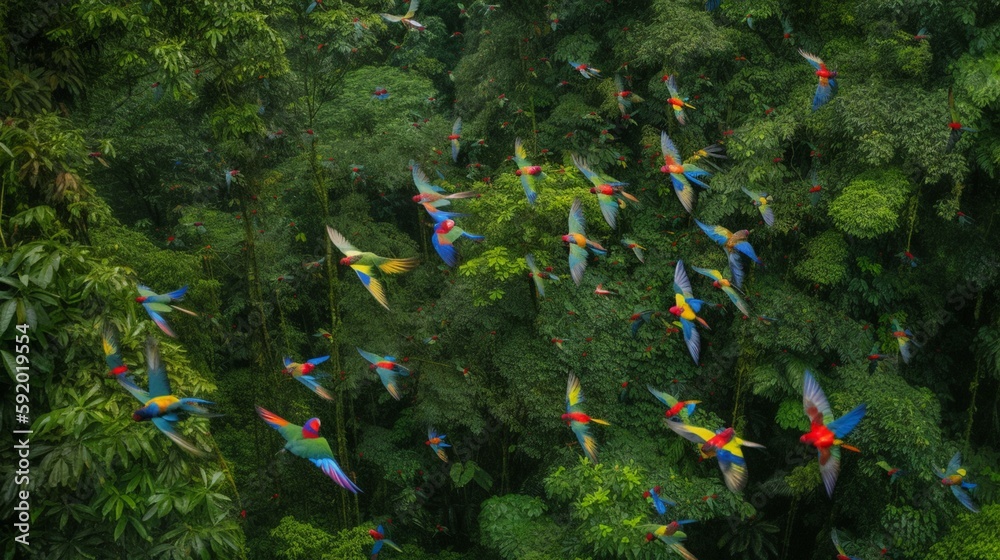 Fototapeta premium A swarm of colorful parrots fluttering through a lush rainforest canopy Generative AI