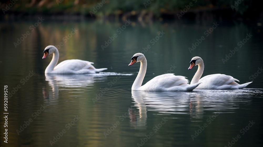A trio of swans elegantly gliding over a tranquil lake Generative AI