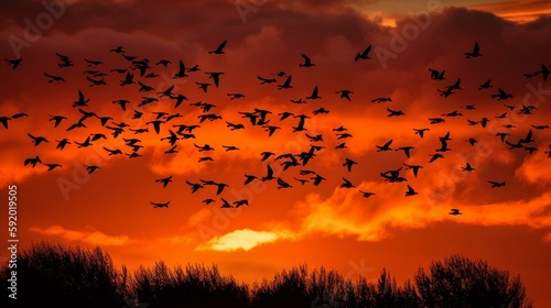 A flock of geese soaring across a vibrant sunset sky Generative AI © Наталья Евтехова