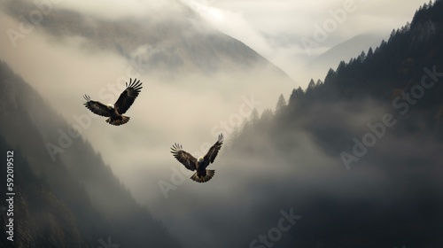 A pair of majestic eagles swooping through a misty mountain valley Generative AI
