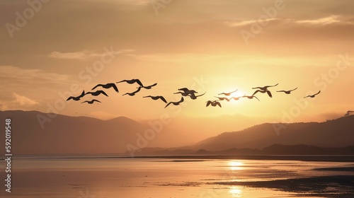 A formation of pelicans gliding over a golden beach at dawn Generative AI