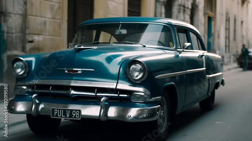 Vintage classic american car in Havana, Cuba. Blue car in a street, travel concept, Generative Ai