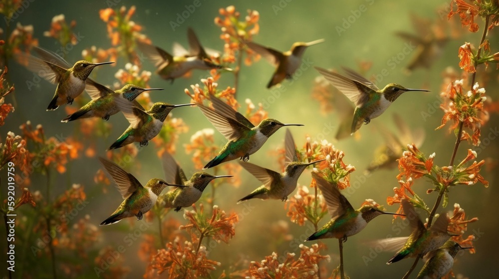 A swarm of hummingbirds darting between blooming flowers Generative AI A swarm of hummingbirds darting between blooming flowers Generative AI