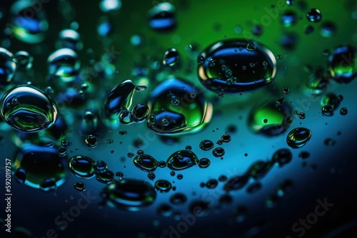  a close up of a bunch of water droplets on a blue and green background with a black background and a green and blue background with a black border.  generative ai