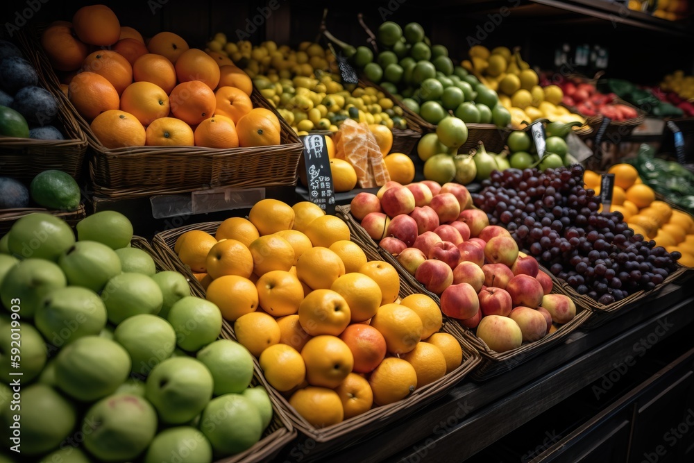  a fruit stand with many different types of fruit in baskets on display in a market area with other fruit in baskets on the side of the shelves.  generative ai