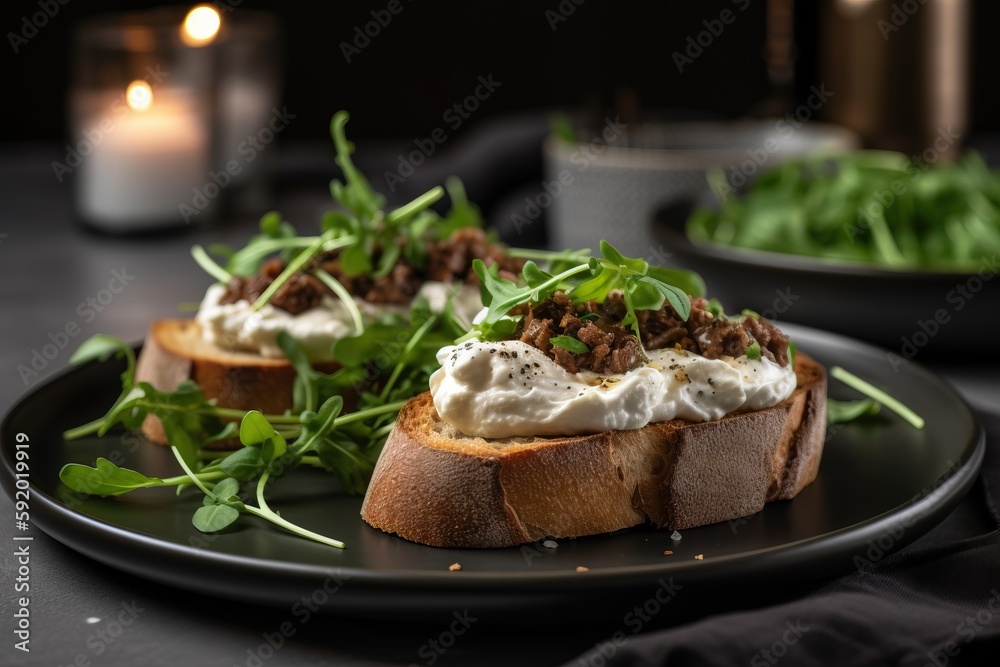  a black plate topped with bread and veggies next to a lit candle and a candlelight candle on a table next to a plate of greens and a candle.  generative ai