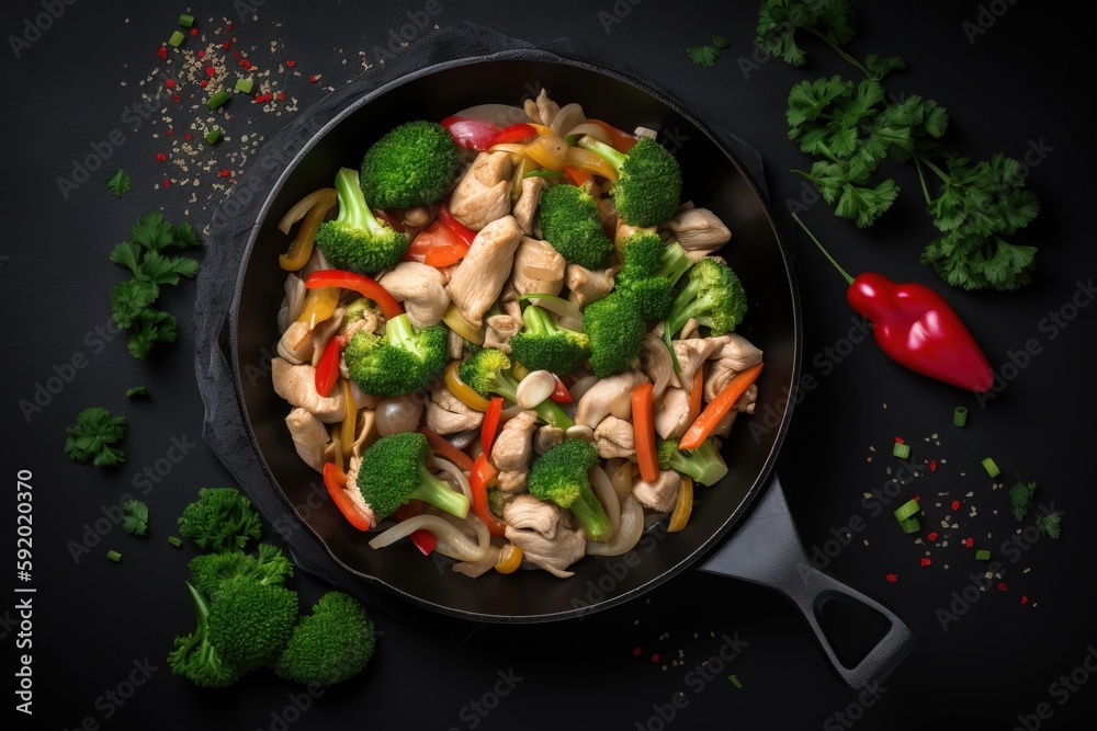 a skillet filled with broccoli, carrots, and chicken stir - fry on a black surface next to a red pepper. generative ai a skillet filled with broccoli, carrots, and chicken stir - fry on a black surface next to a red pepper. generative ai
