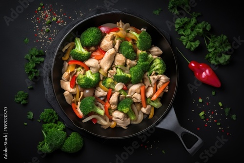  a skillet filled with broccoli, carrots, and chicken stir - fry on a black surface next to a red pepper. generative ai