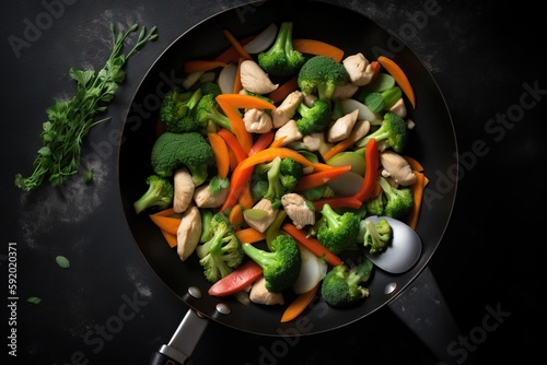  a skillet filled with vegetables and chicken on a table next to a leaf of parsley on a black tablecloth with a black surface. generative ai