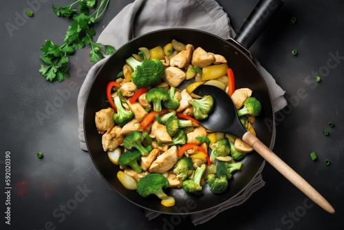  a skillet filled with chicken and vegetables on a table next to a napkin and a wooden spoon with a wooden spoon resting on it.  generative ai