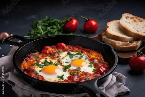 a skillet filled with eggs and tomatoes next to some bread and tomatoes on the side of the skillet, with tomatoes and bread on the side. generative ai